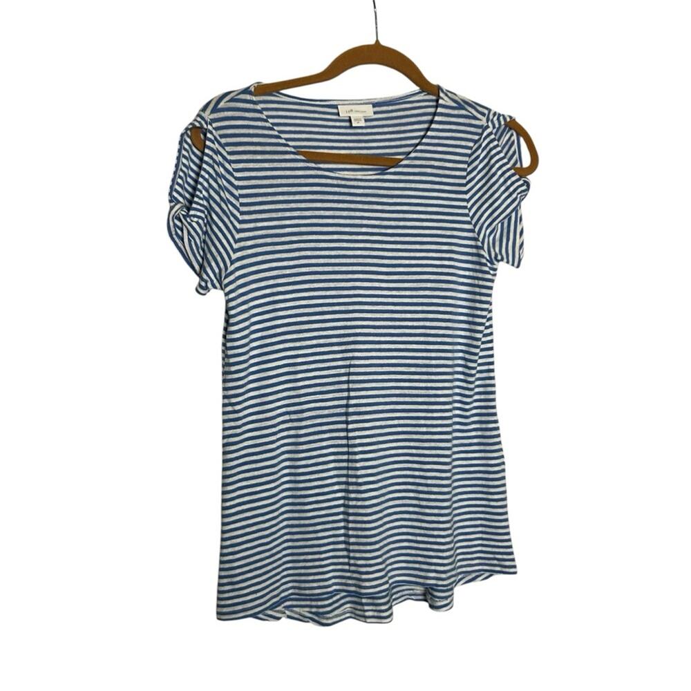 J Jill Blue & White Striped Linen Blend Scoop Neck Cold Shoulder Blouse Top XS